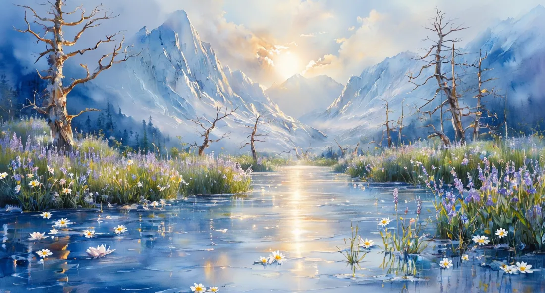 雪山下的晨光溪流：梦幻艺术风景壁纸