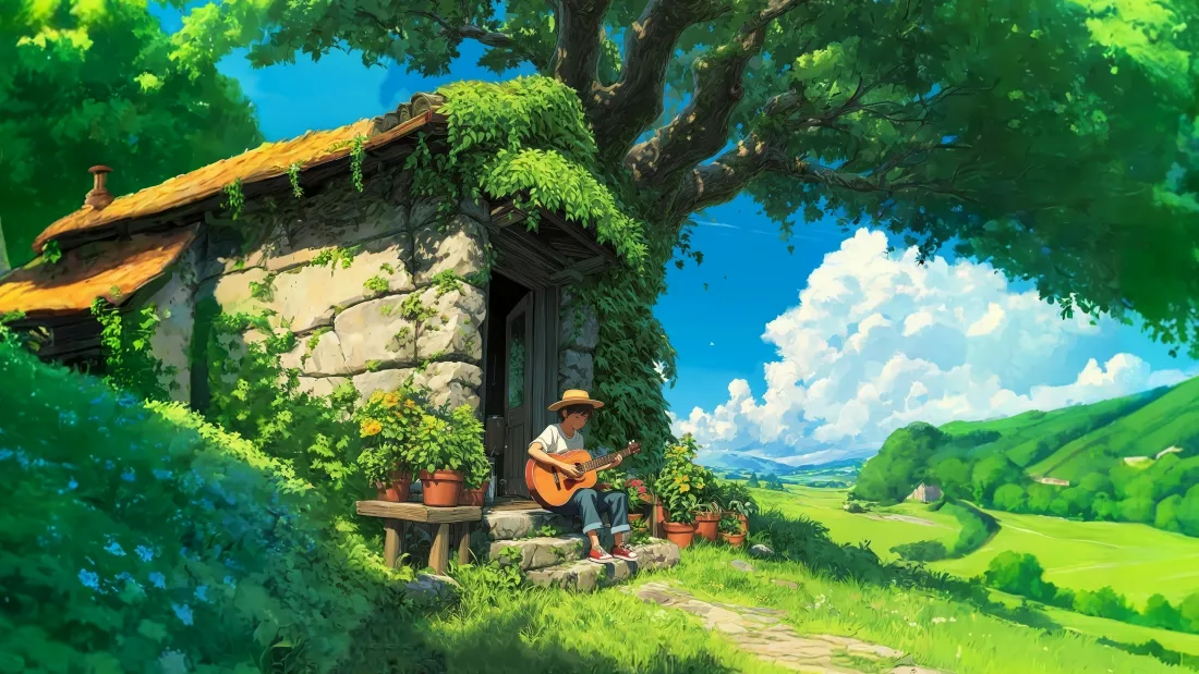「限免领取｜夏日动漫小屋吉他壁纸[树荫治愈]｜乐摄图库专享」​
