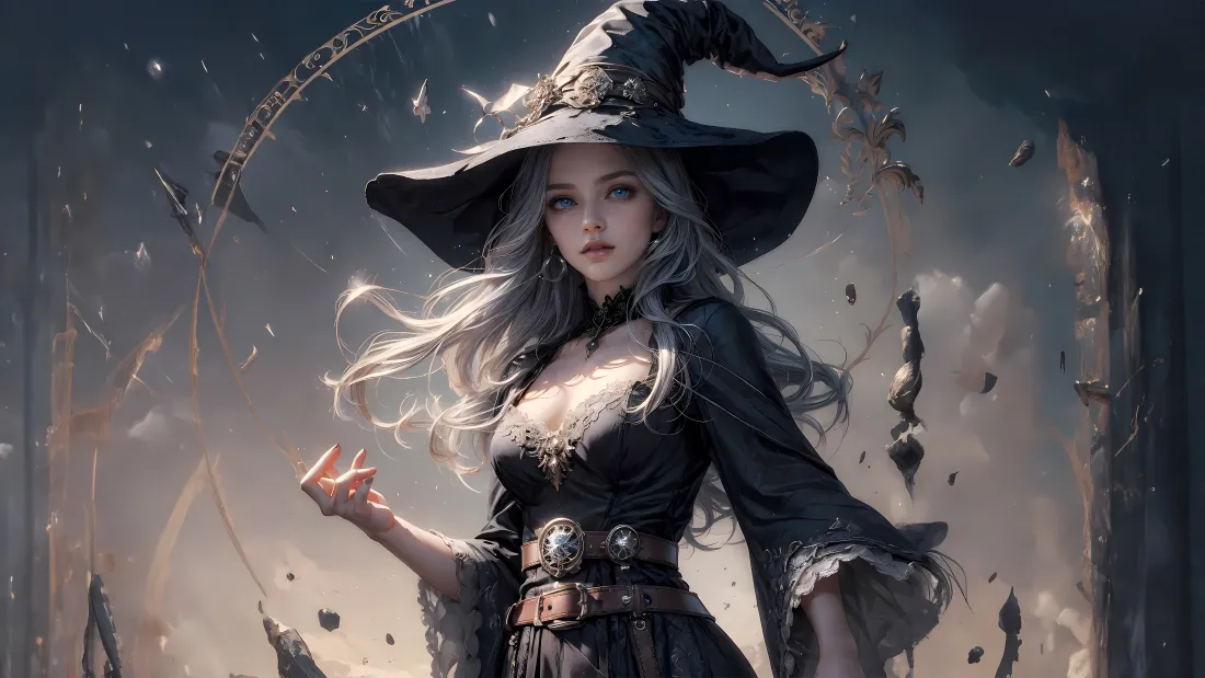 「免费下载｜暗黑女巫4K魔幻壁纸：银发魅影·魔法秘境」​