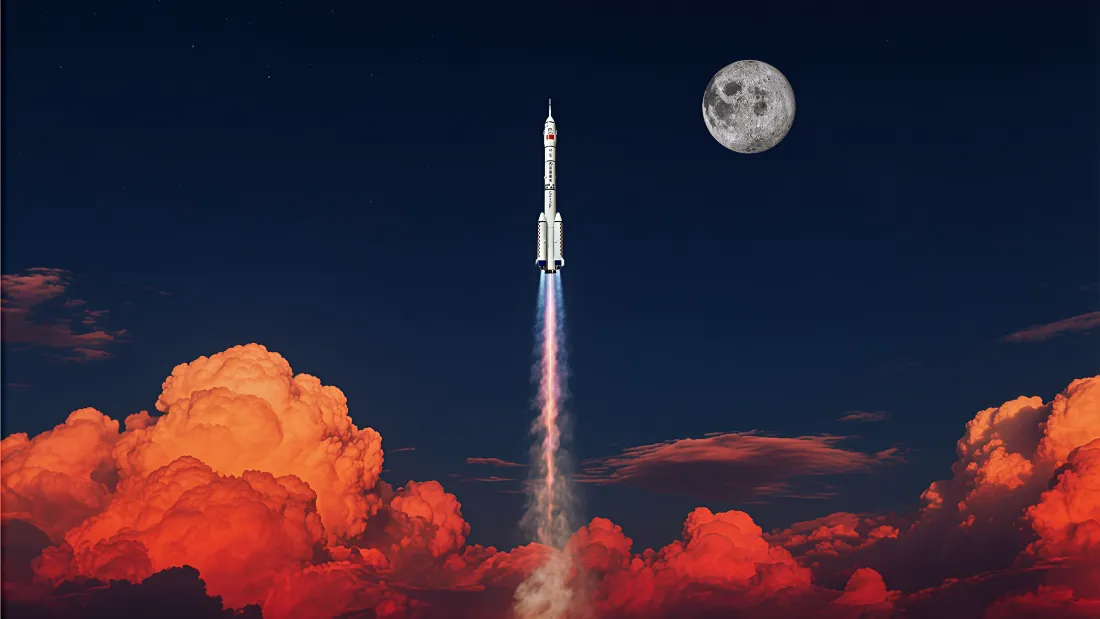 「免费领航｜宇宙火箭4K壁纸：月轮与火烧云的共舞」​