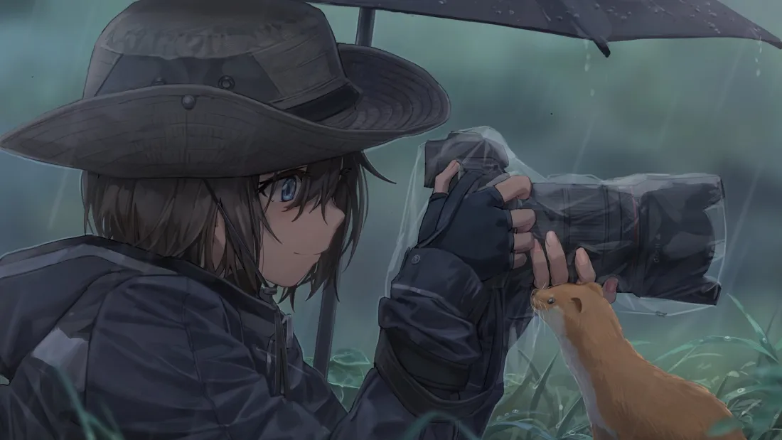幕光锥｜摄影少女动态雨境壁纸：尼康镜头雨滴算法 × 萌宠行为学粒子系统