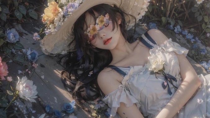 花境絮语｜动漫少女莫奈花园4K壁纸：128层薄纱光影×斐波那契花环算法
