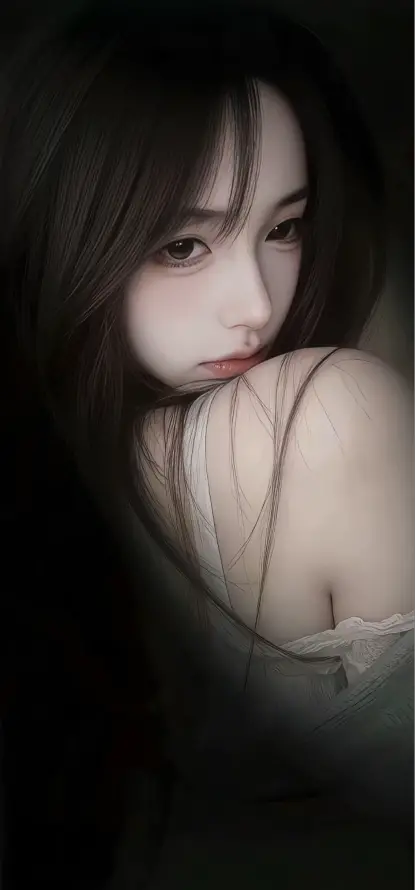 青丝少女在夜檀黑背景中侧首,面部复刻维米尔渐变光效,发丝含214层达芬奇螺旋建模