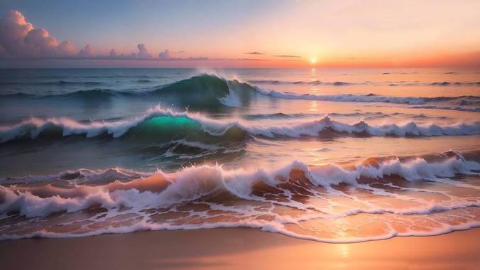 暮色潮生｜纳米级流体4K海浪壁纸：塞舌尔涡流算法 × 日光追踪粒子系统