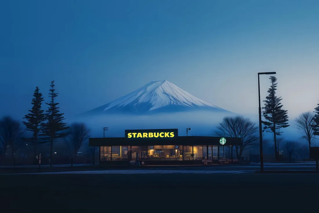 苍玄夜色中富士山雪顶折射六棱光斑,建筑光源含地热辐射粒子,树木呈黄金分割分布