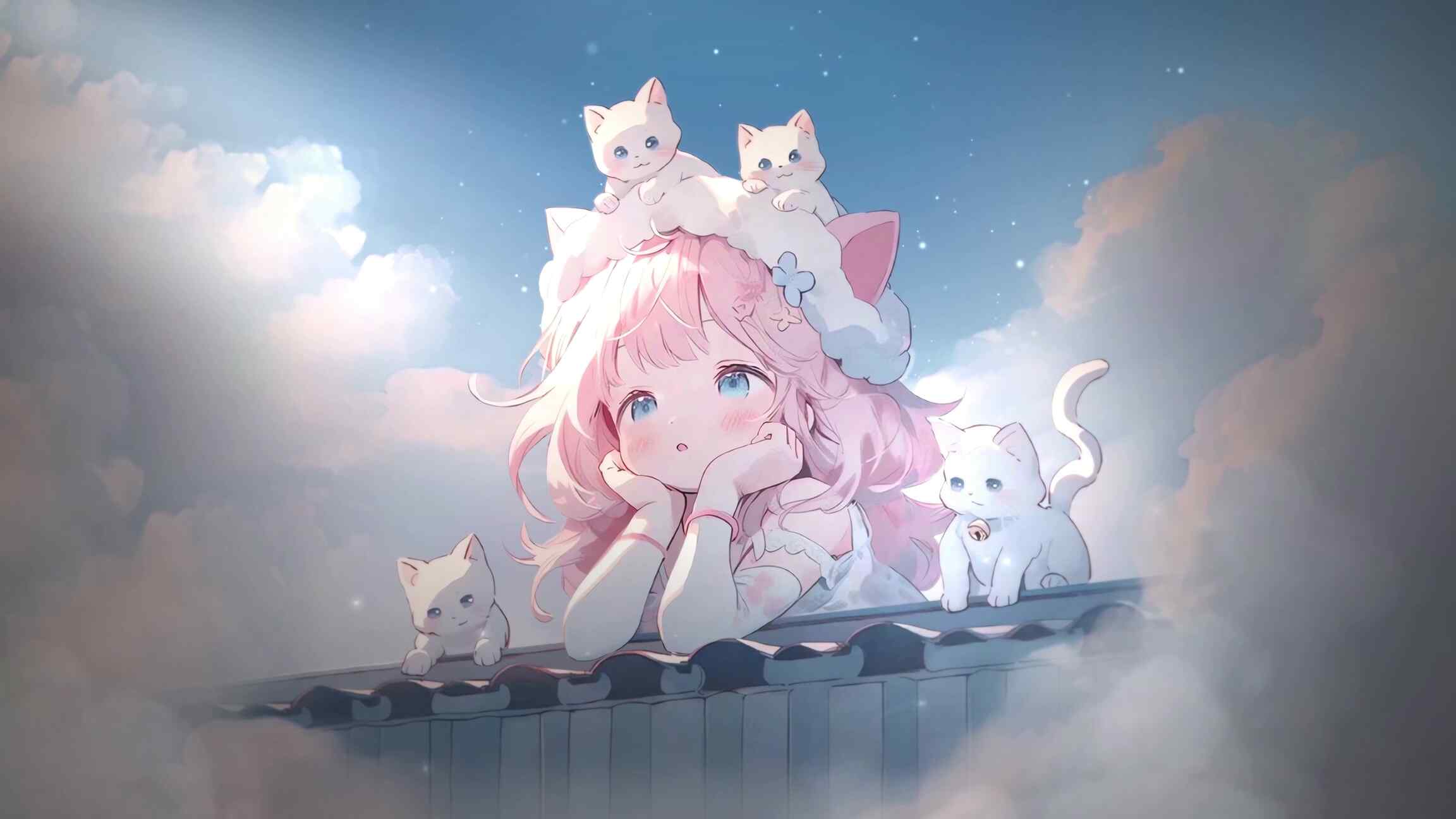 「限免｜4K萌系猫娘云境壁纸［梦幻光影］｜乐摄图库」​