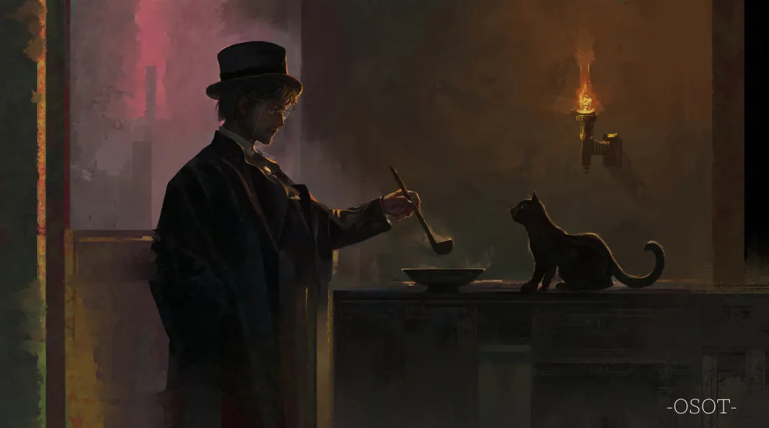 戴帽男人与黑猫互动壁纸,神秘暗调背景,11K超清画质